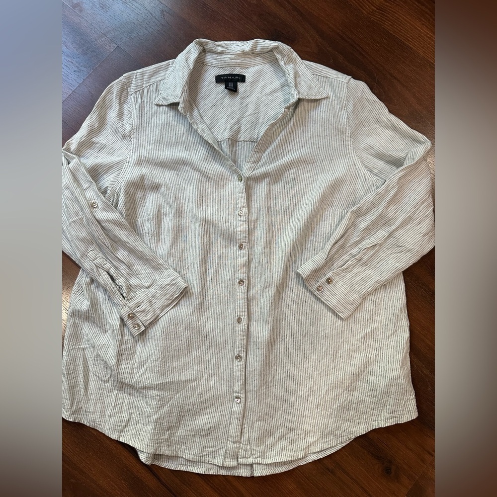 Tahari Women's Shirt 1X White Striped Linen blend Tab Sleeves